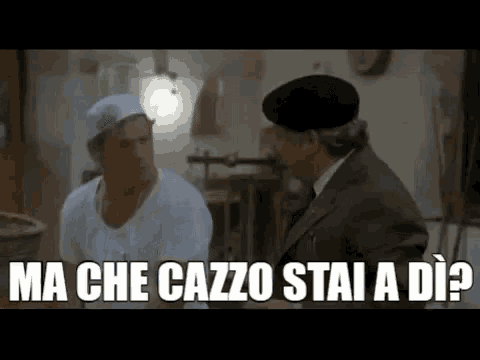 two men are standing next to each other in a room with the words `` ma che cazzo stai a di '' .