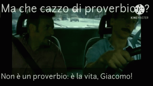 two men in a car with the words ma che cazzo di proverbio on the bottom