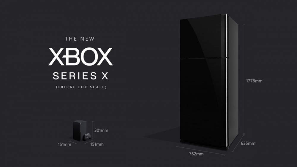 An Xbox Series X and controller are stood next to a refrigerator to display their relative size. The console measurements showing a width of 151 millimeters, a length of 151 millimeters, and a height of 301 millimeters. The fridge  measurements showing a width of 762 millimeters, a length of 635 millimeters, and a height of 1,778 millimeters. Text on the left reads “The New Xbox Series X – Fridge For Scale"