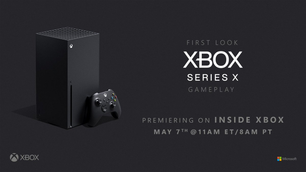 Xbox Series X console and controller stand to the left. Text on the right reads "First Look," "Xbox Series X Gameplay," "Premiering on Inside Xbox May 7th @11am ET/8am PT. Xbox logo on the bottom left and Microsoft logo on the bottom right.