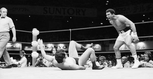 The heavyweight champion Muhammad Ali shouted at the Japanese wrestler Antonio Inoki during the second round of their 15-round fight.